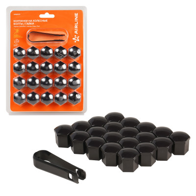 колпачки на колесные болты/гайки AIRLINE 19 мм, черные глянцевые, пластик, 20 шт.+ съёмник AWBN05