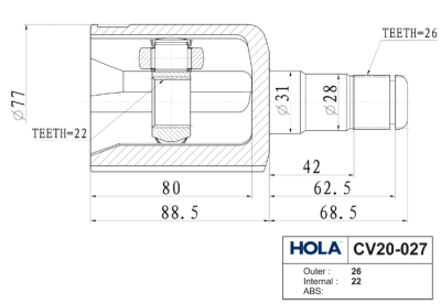ШРУС HOLA для а/м SKODA RAPID/VW POLO 09- внутр. 26/22 шл., лев./прав. CV20-027