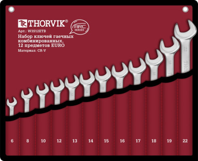 набор ключей THORVIK комбинированных 12 предм. EURO (6,8,10,12,13,14,15,16,17,18,19,22мм) серии ARC в сумке арт.W3S12ETB