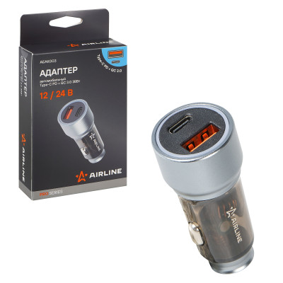 зарядное устройство (адаптер в прикуриватель) AIRLINE Type-C PD + QC 3.0 38Вт, 12/24В PRO AEAK003
