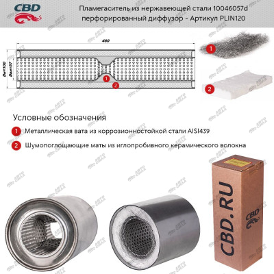 Пламегаситель 10046057d с диффуз. (d100, L460, под трубу d55)мм из нерж.стали CBD PLIN120