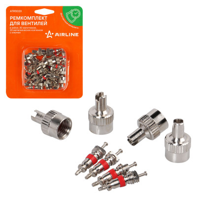ремкомплект для вентилей AIRLINE в кейсе (20 золотников, 20 металл. колпачков с ключом), блистер ATRS020