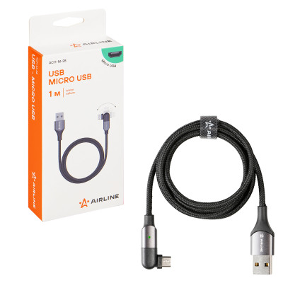 кабель USB AIRLINE USB - microUSB 1м, с поворот. коннектором, черный нейлоновый ACH-M-28