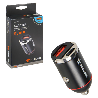 зарядное устройство (адаптер в прикуриватель) AIRLINE компактный Type-C PD + QC 3.0 65Вт, 12/24В PRO AEAK002