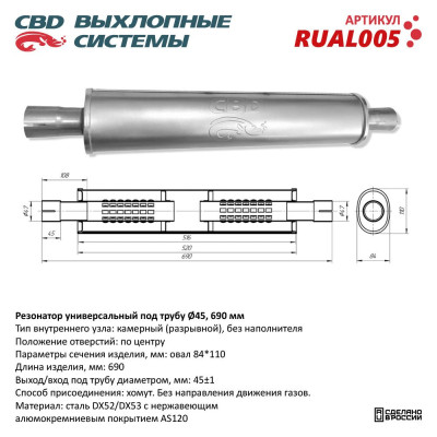 резонатор (ремонтный) универсальный (вход/выход под трубу d45, L690, овал d84*110)мм CBD. RUAL005