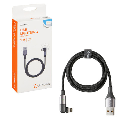 кабель USB AIRLINE USB - Lightning (Iphone/IPad) 1м, с поворот. коннектором, черный нейлоновый ACH-M-30