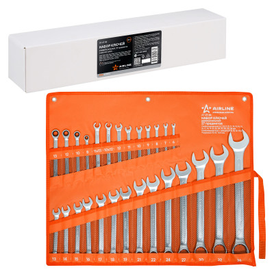 набор ключей AIRLINE универс. 27 предм. (комб. 6-19,21,22,24,27,30,32,36мм, комб. с трещотк.8,10,12,13мм, разрезн.10x12,11x13мм) сумка PRO AT-27-46