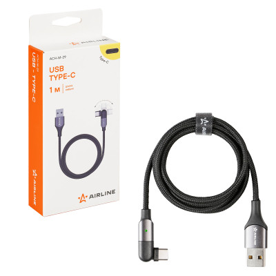 кабель USB AIRLINE USB - Type-C 1м, с поворот. коннектором, черный нейлоновый ACH-M-29