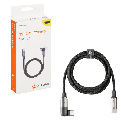 кабель USB AIRLINE Type-C - Type-C 1м, с поворот. коннектором, черный нейлоновый ACH-M-27