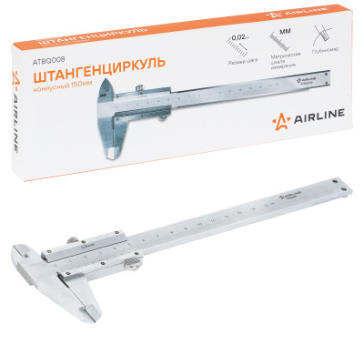 штангенциркуль AIRLINE нониусный 150мм, шаг 0.02мм, стальной, глубиномер, кейс ATBQ008
