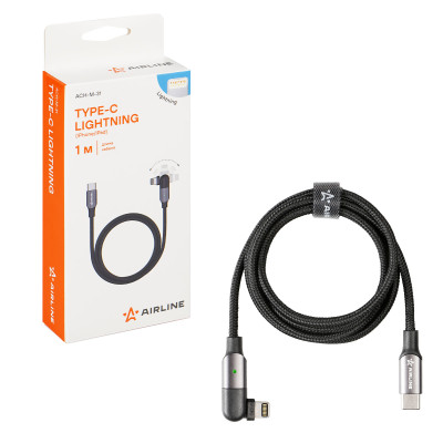 кабель USB AIRLINE Type-C - Lightning (Iphone/IPad) 1м, с поворот. коннектором, черный нейлоновый ACH-M-31
