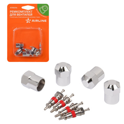 ремкомплект для вентилей AIRLINE (4 золотника, 4 металл.колп, 1 ключ) в блистере ATRS016