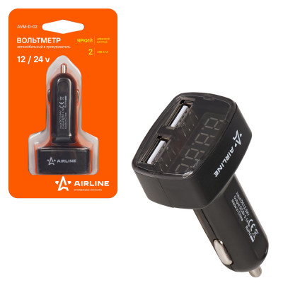 вольтметр в прикуриватель AIRLINE + адаптер 2USB 3,1А 12В-24В AVM-D-02