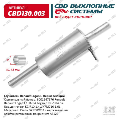 глушитель CBD основной Renault Logan 6001547676 нерж.сталь С.Петербург CBD130.003