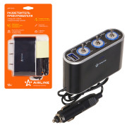 прикуриватель-разветвитель Airline 3 гнезда (с выключателем), USB, шнур  (12В, 5А, 60Вт) ASP-3S-15