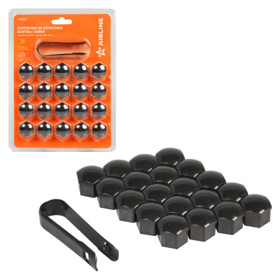 колпачки на колесные болты/гайки AIRLINE 17 мм, черные глянцевые, пластик, 20 шт.+ съёмник AWBN04