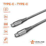 кабель USB (Type-C) AIRLINE  Type-C - Type-C поддержка PD 2м, серый нейлоновый ACH-C-42