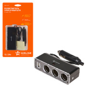 прикуриватель-разветвитель Airline 3 гнезда, USB, шнур 70см (12В/24В, 5А, 60Вт) ASP-3U-07