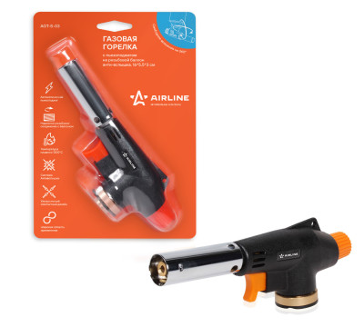 горелка газовая AIRLINE на резьбовой баллон, пьезоподжиг, анти-вспышка, 16*5,5*3 см AGT-S-03