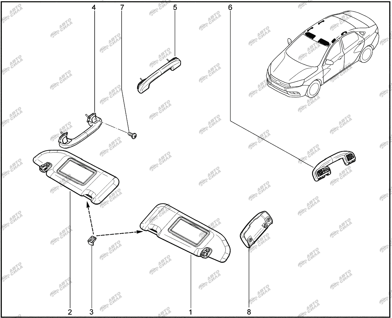 LADA VESTA 2015 584012. Поручни, козырьки, крючки